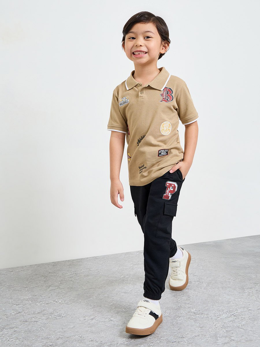 Boys Beige Cotton Printed Polo T-Shirt and Black Joggers Set