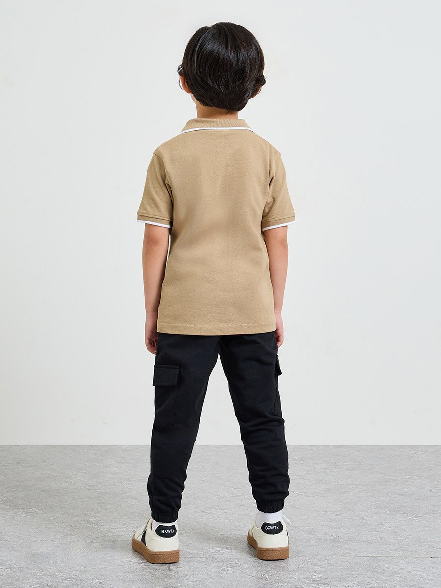 Boys Beige Cotton Printed Polo T-Shirt and Black Joggers Set