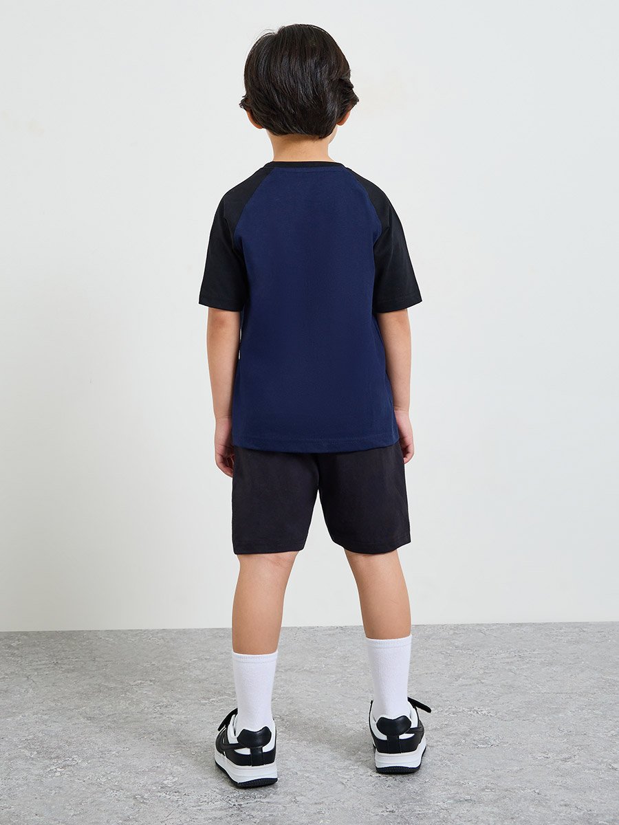 Boys Dark Blue Printed Raglan Sleeve T-Shirt and Shorts Set