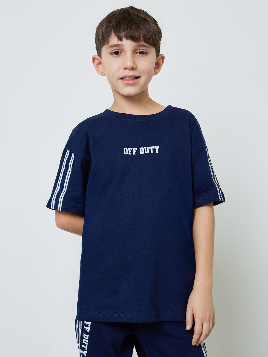 Boys Navy Blue Graphic Print Oversized T-Shirt and Striped Joggers Set