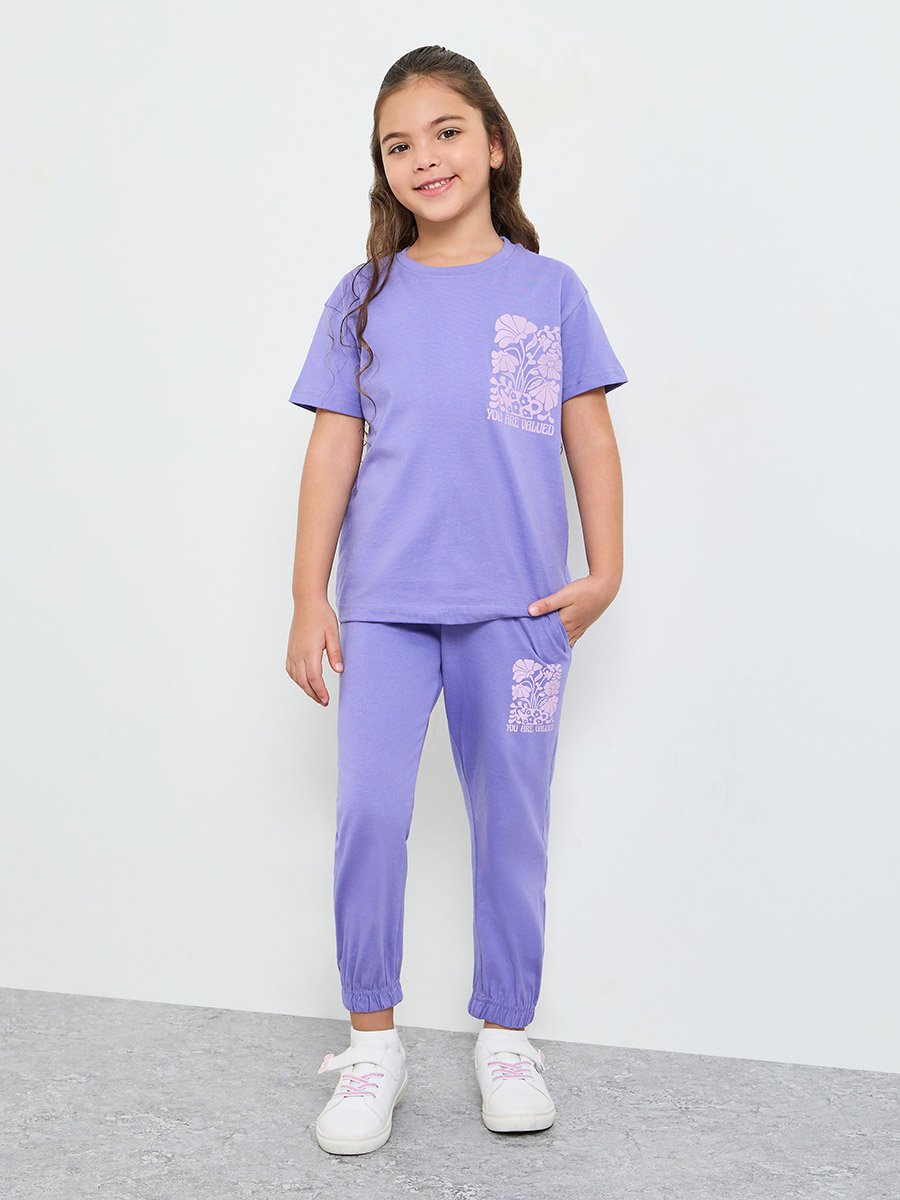Girls Cotton Round Neck T-Shirt and Joggers Set