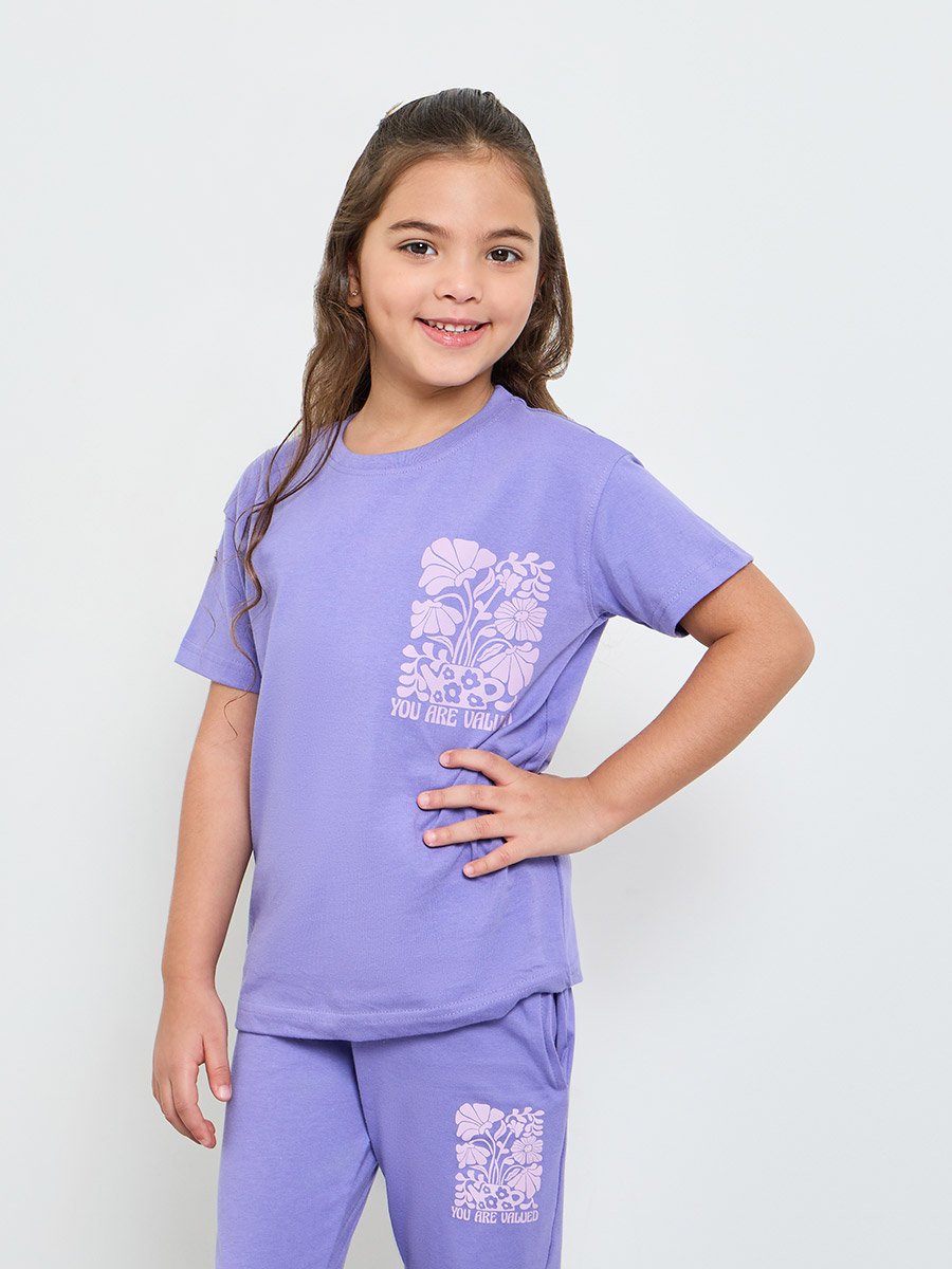 Girls Cotton Round Neck T-Shirt and Joggers Set