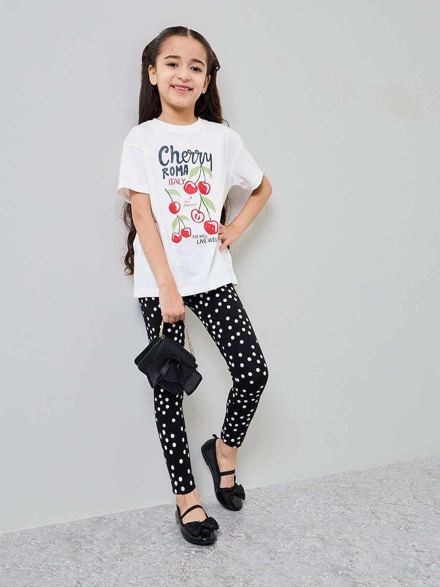 Girls Cherry Print T-Shirt and Polka Dot Leggings Set
