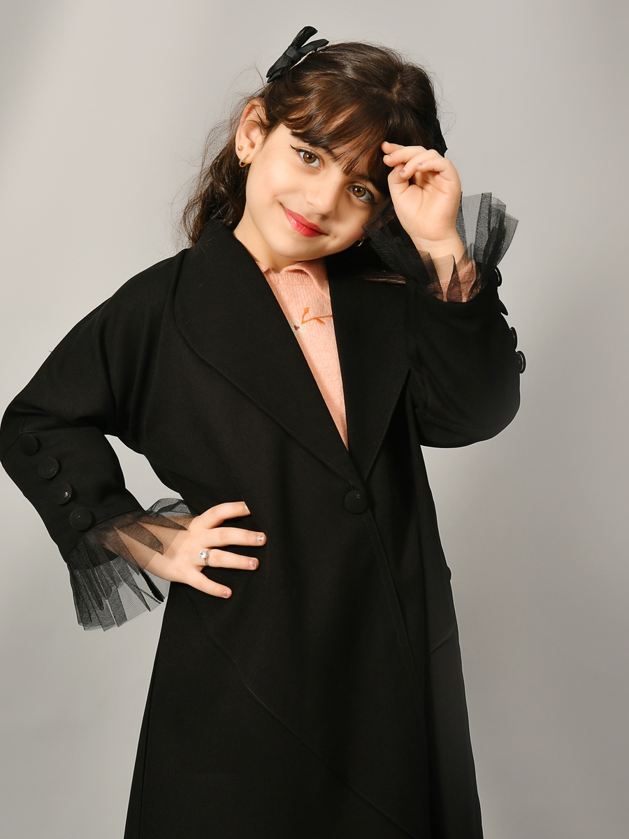 Girls Frill Mesh Trim Sleeve Abaya