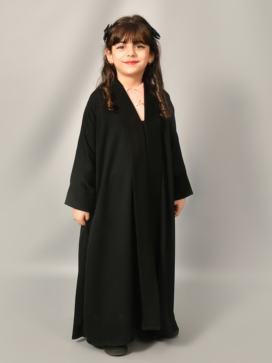 Girls Black V Neck Abaya