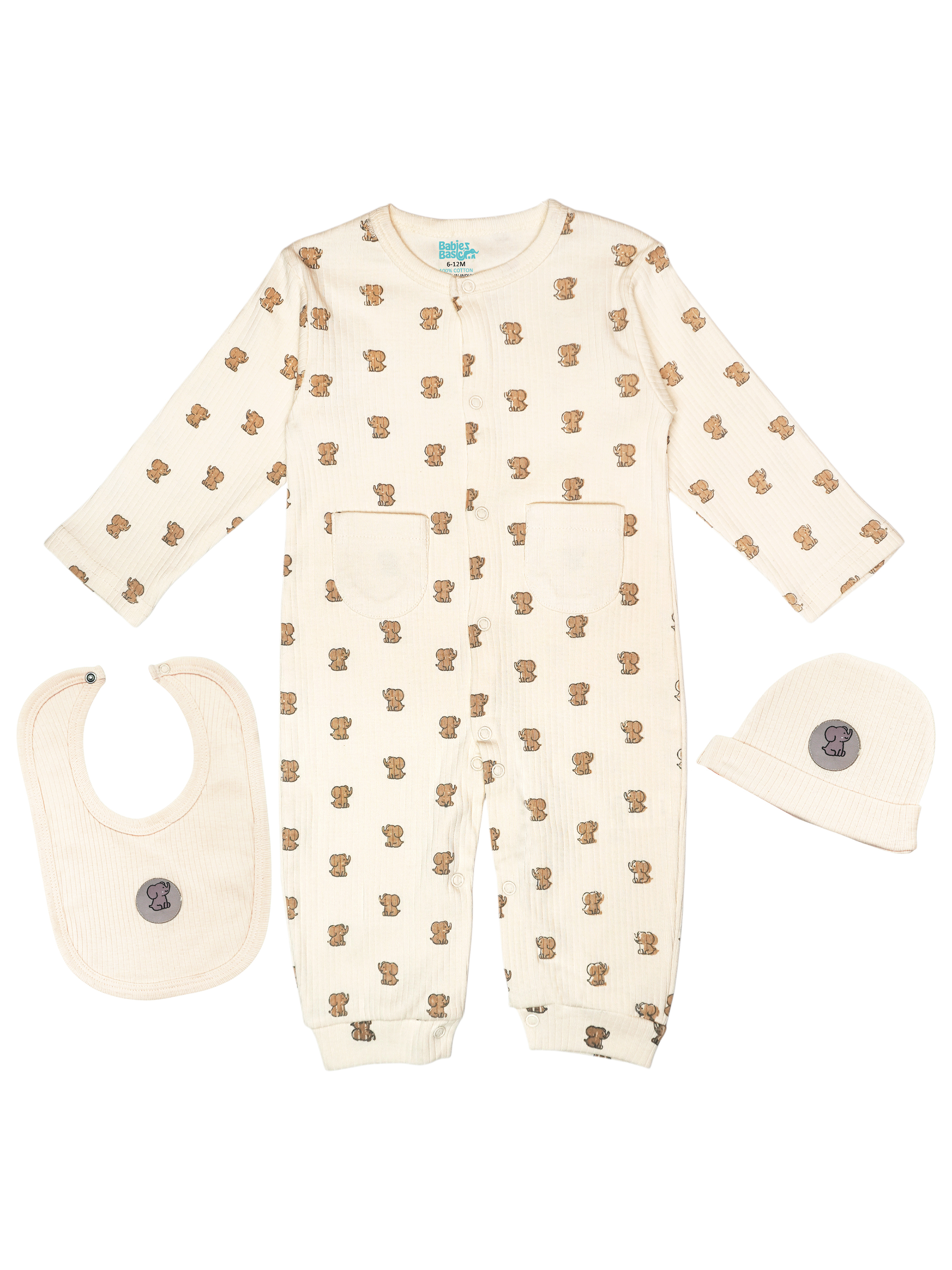 Premium Ribbed Cotton Sleepsuit Romper with Cap and Bib