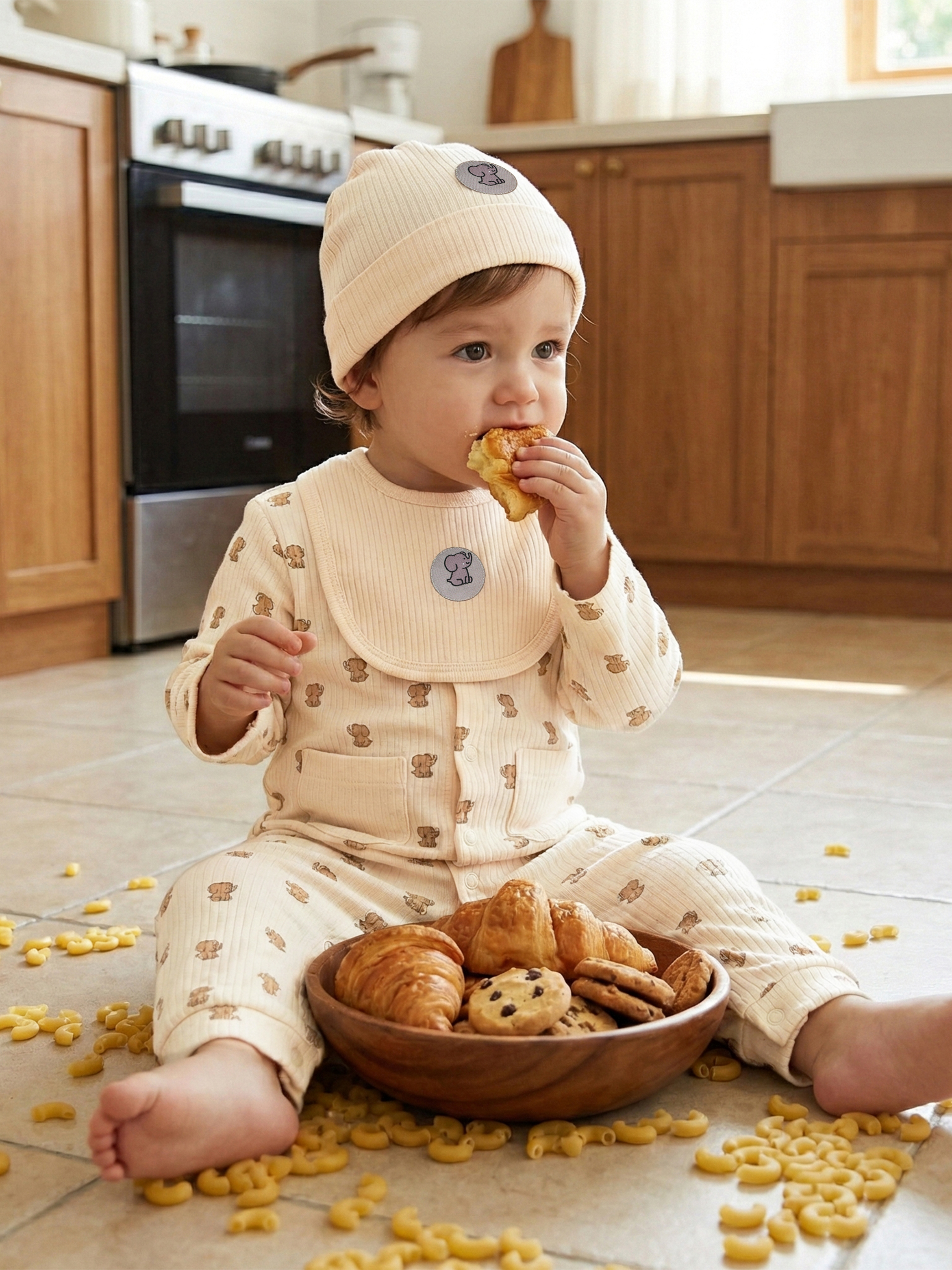 Premium Ribbed Cotton Sleepsuit Romper with Cap and Bib