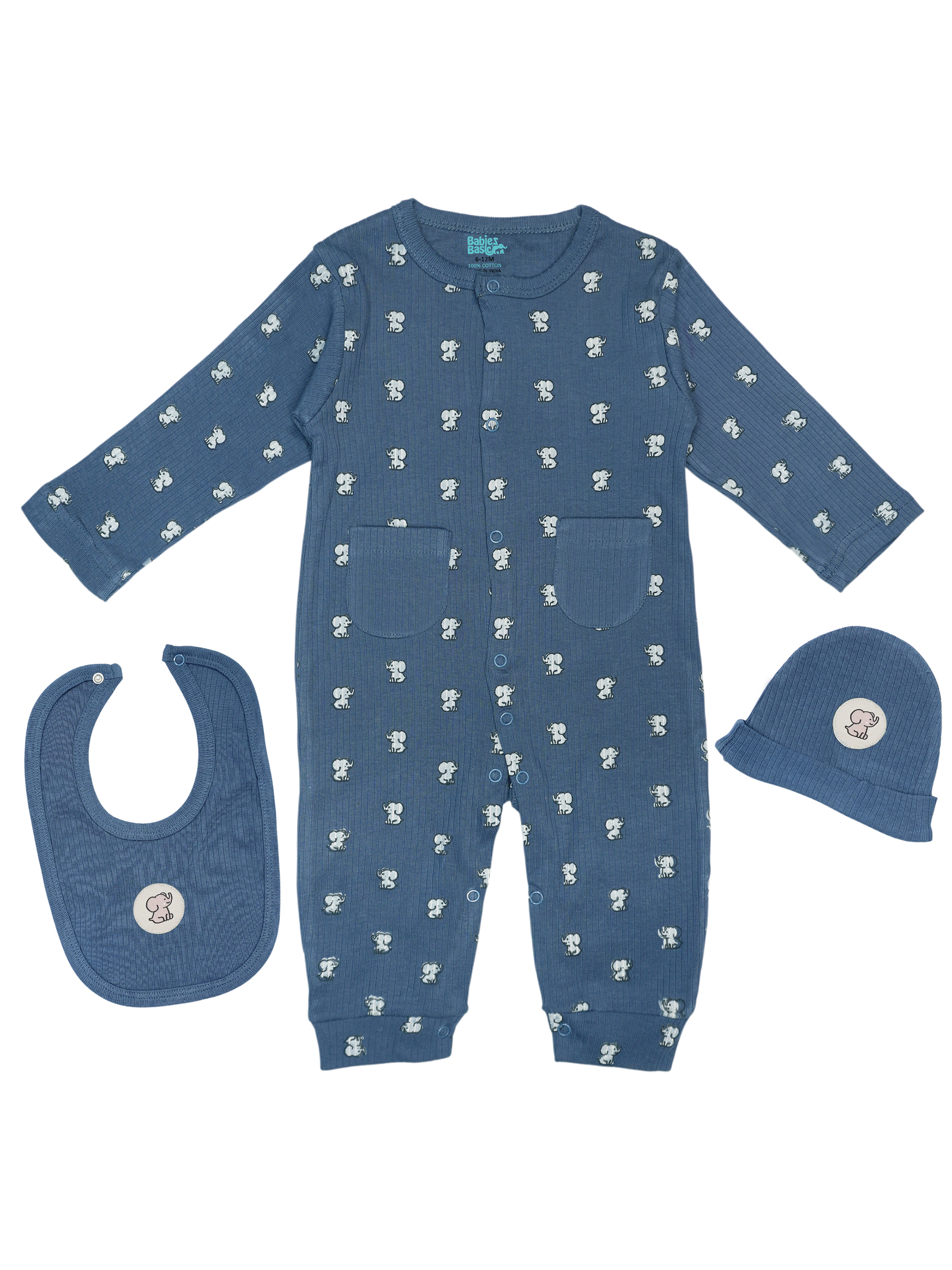 Premium Ribbed Cotton Sleepsuit Romper with Cap and Bib