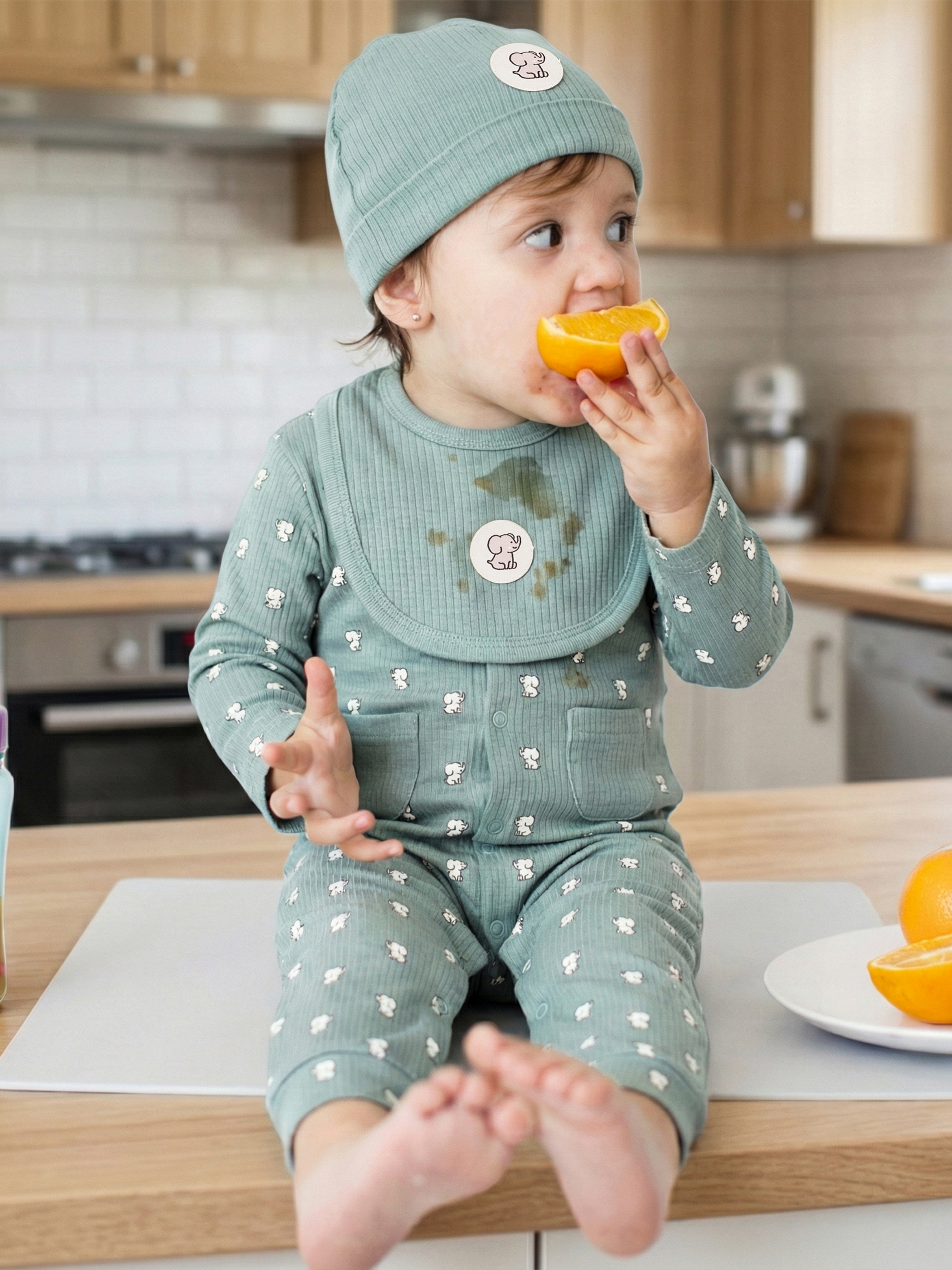 Premium Ribbed Cotton Sleepsuit Romper with Cap and Bib