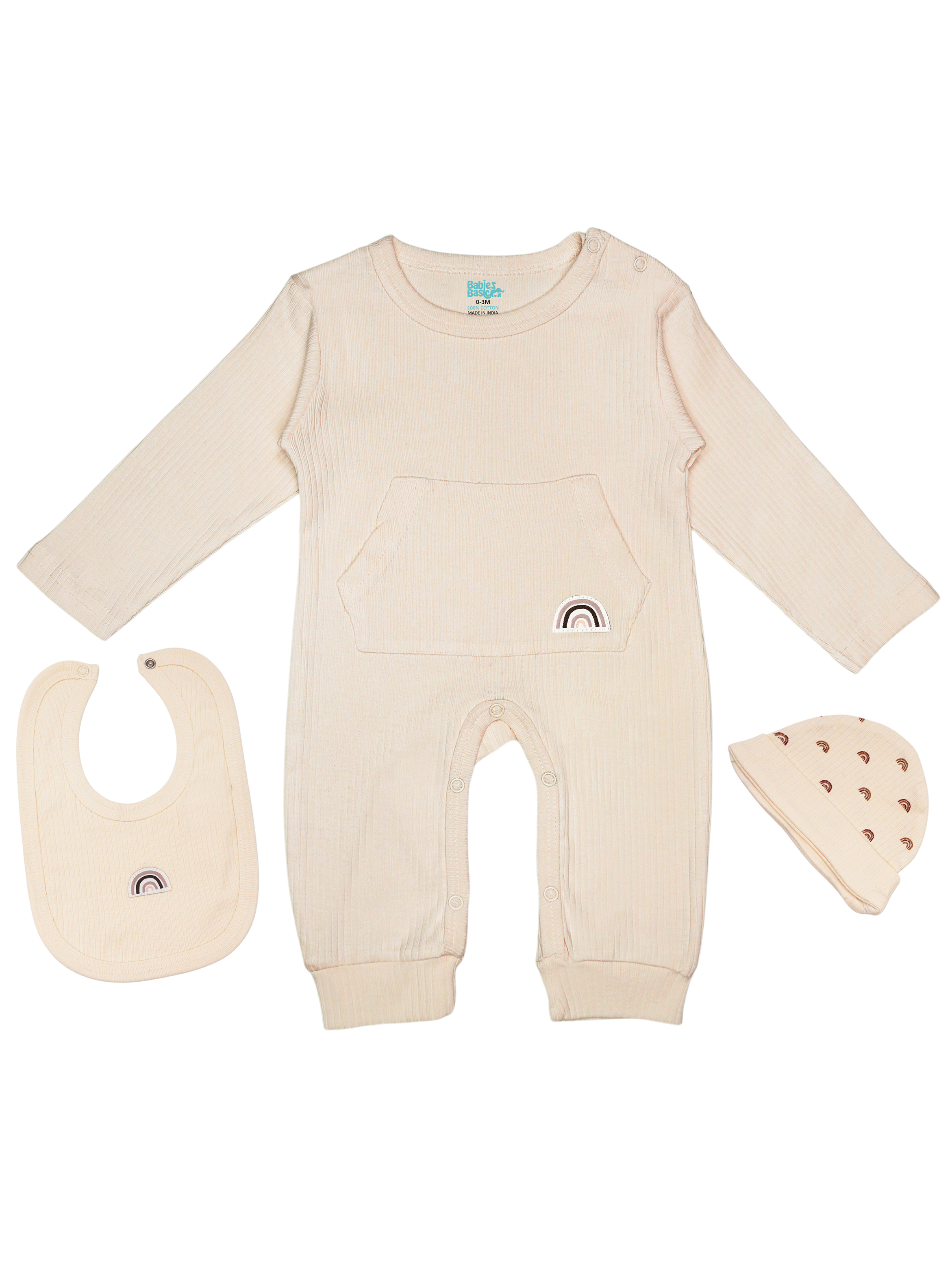 Premium Ribbed Cotton Sleepsuit Romper with Cap and Bib