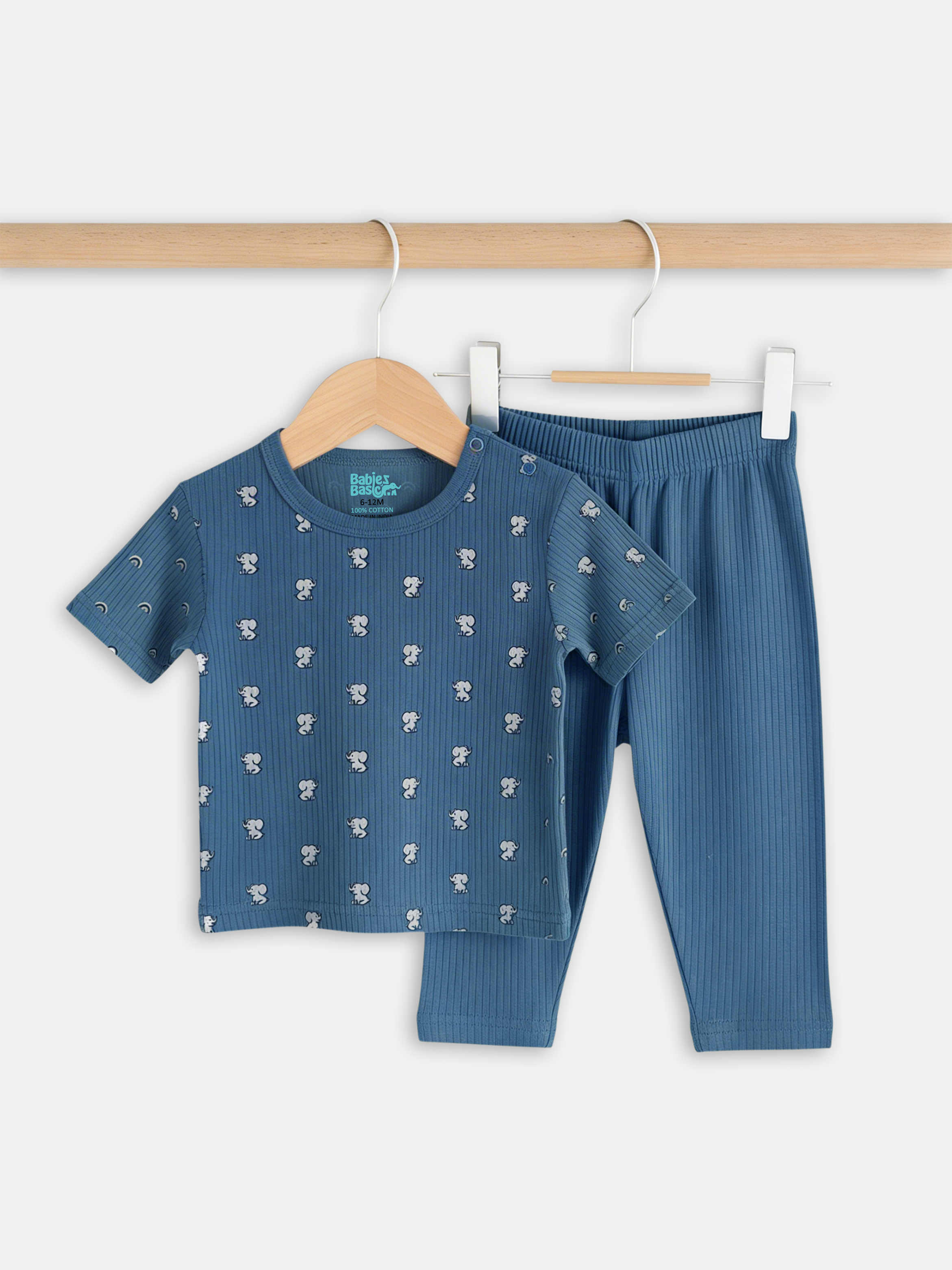 Premium Ribbed Cotton Printed Short Sleeves T-Shirt and Pyjama Set