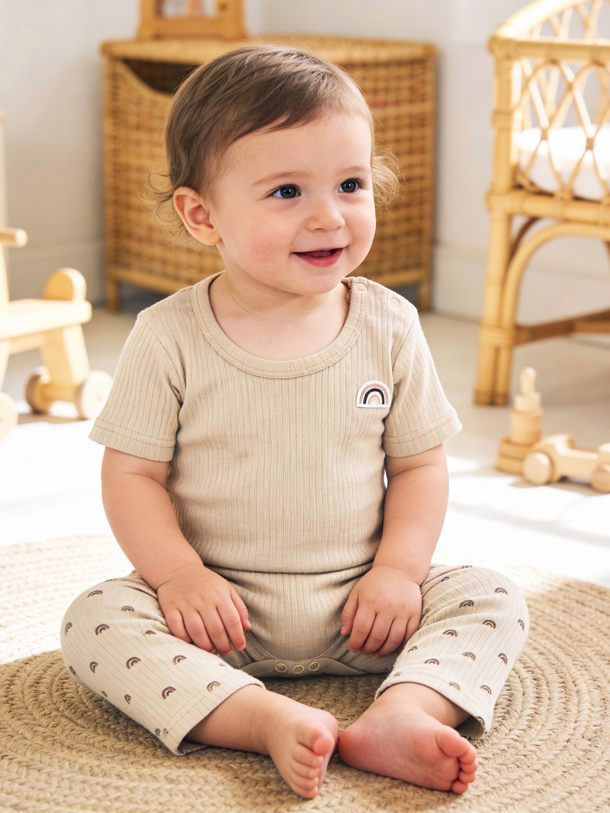 Premium Ribbed Cotton Printed Short Sleeves Romper and Pyjama Set
