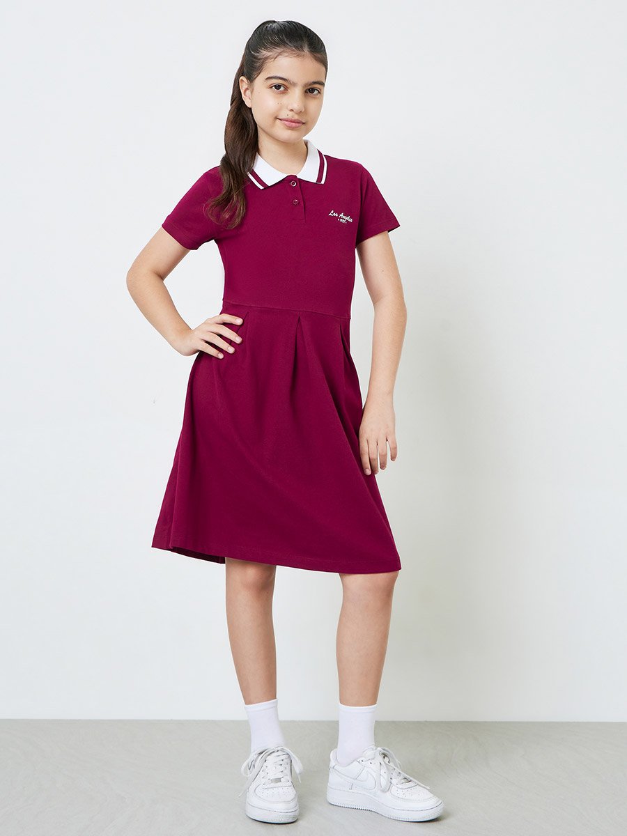 Teen Girls Burgundy Cotton Polo T-Shirt Dress