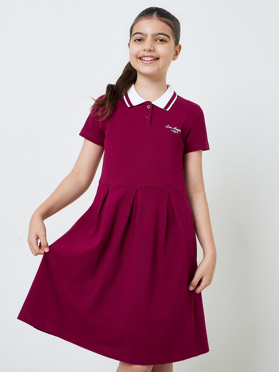 Teen Girls Burgundy Cotton Polo T-Shirt Dress
