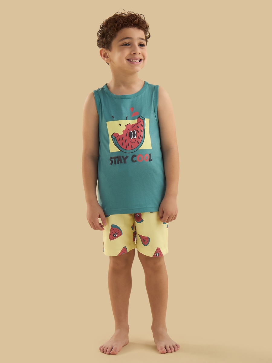 Watermelon Print Sleeveless Swim T-Shirt and Shorts Set
