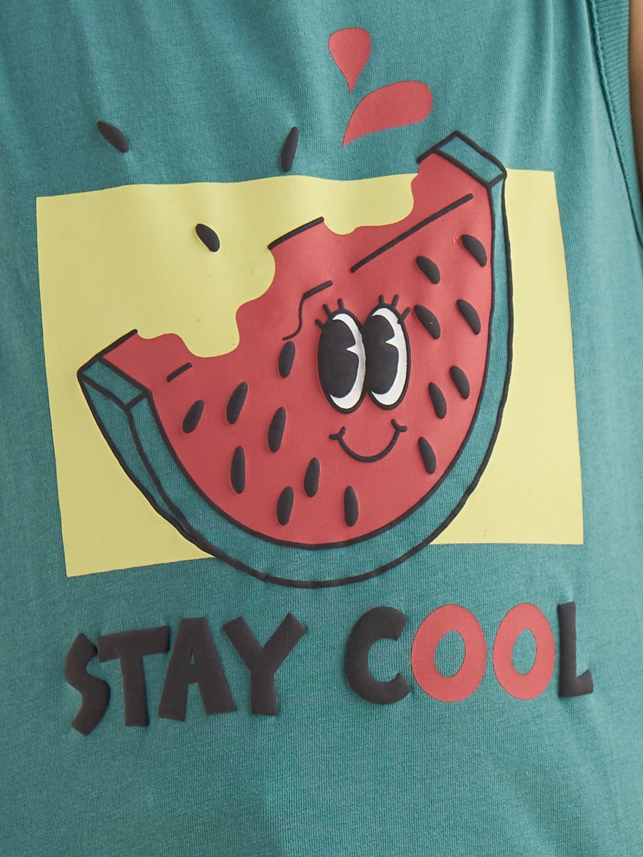 Watermelon Print Sleeveless Swim T-Shirt and Shorts Set