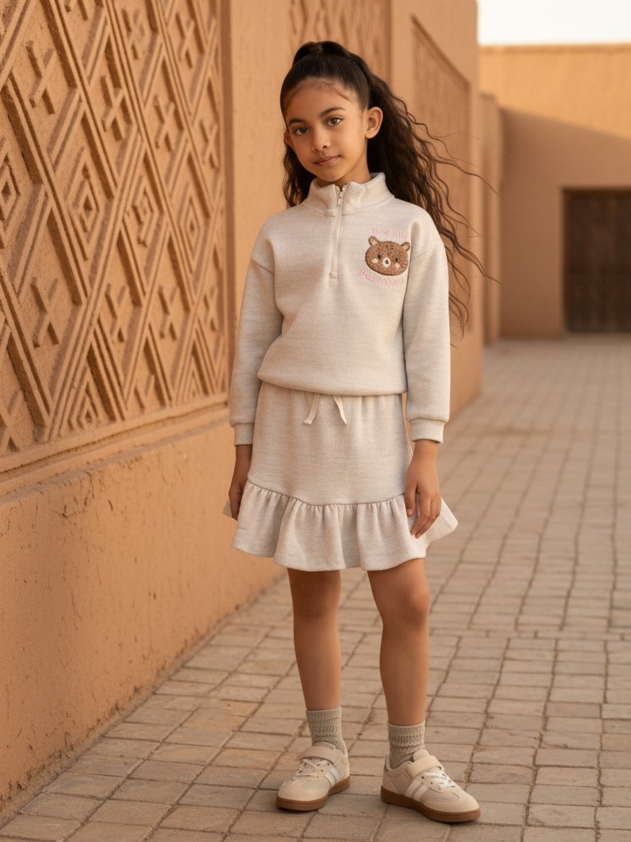 Cat Applique Half Zip Sweatshirt and Skirt Set