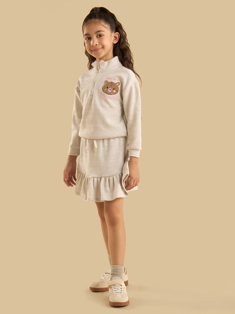 Cat Applique Half Zip Sweatshirt and Skirt Set