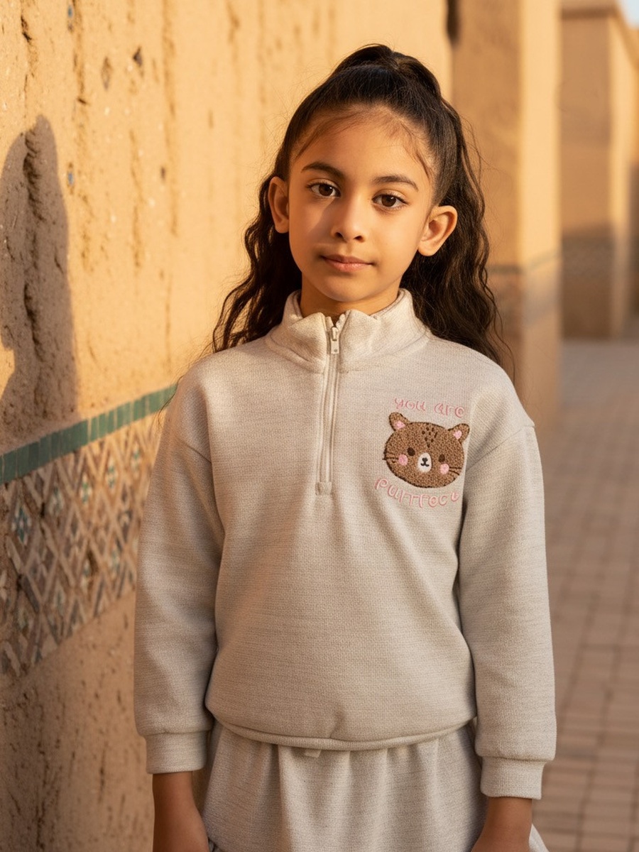 Cat Applique Half Zip Sweatshirt and Skirt Set