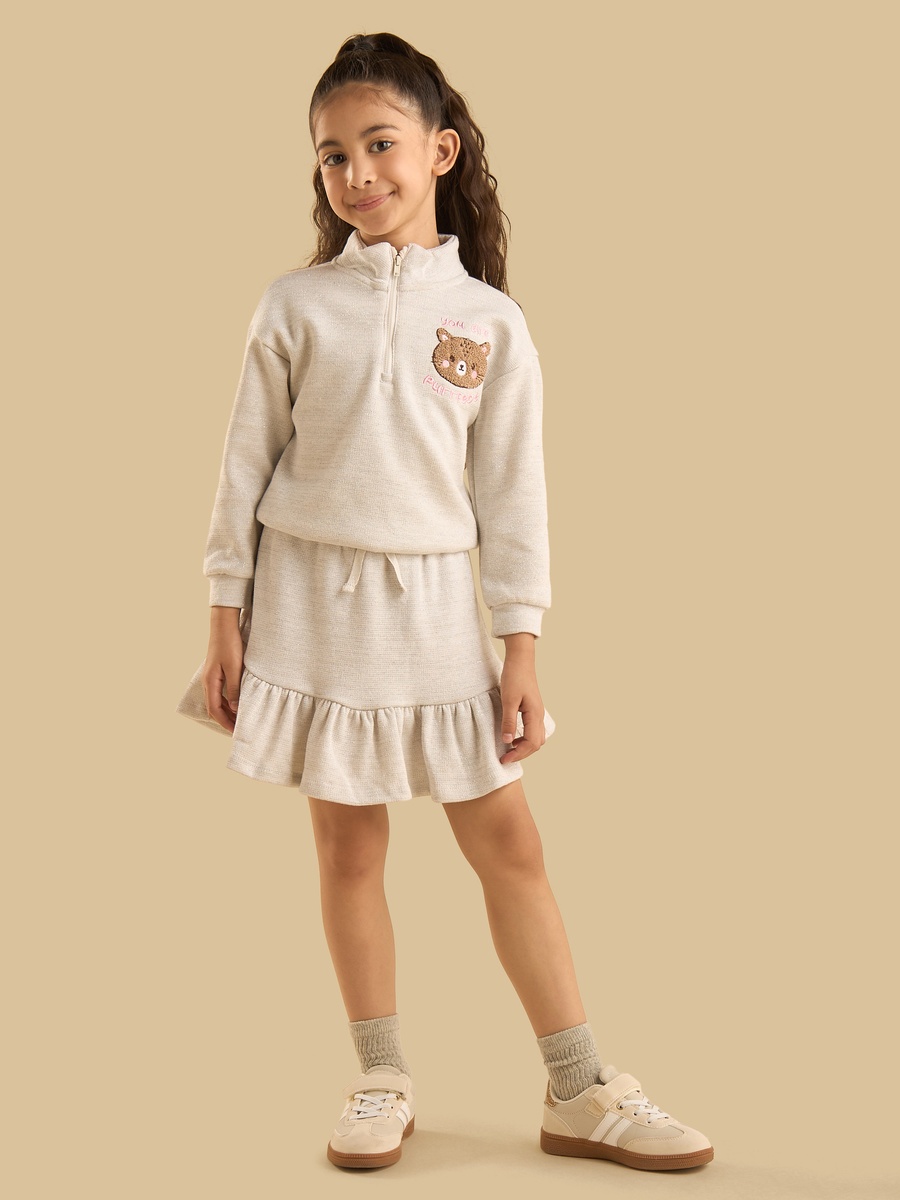 Cat Applique Half Zip Sweatshirt and Skirt Set