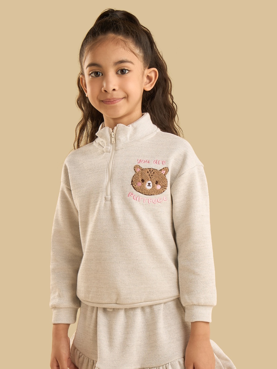 Cat Applique Half Zip Sweatshirt and Skirt Set