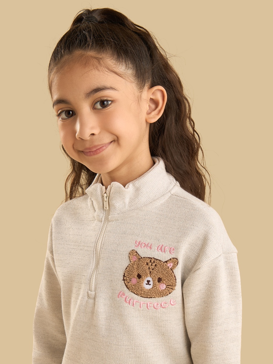 Cat Applique Half Zip Sweatshirt and Skirt Set