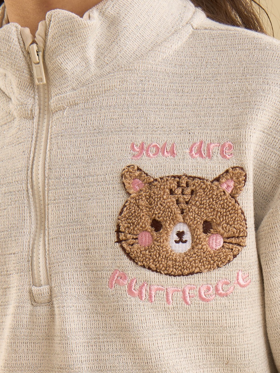 Cat Applique Half Zip Sweatshirt and Skirt Set