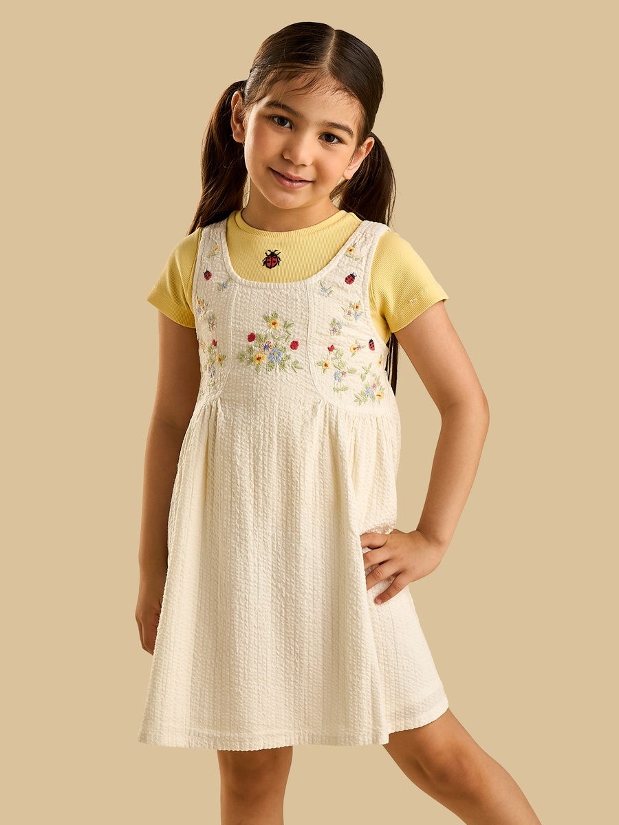 Floral Embroidered Denim Pinafore with T-Shirt