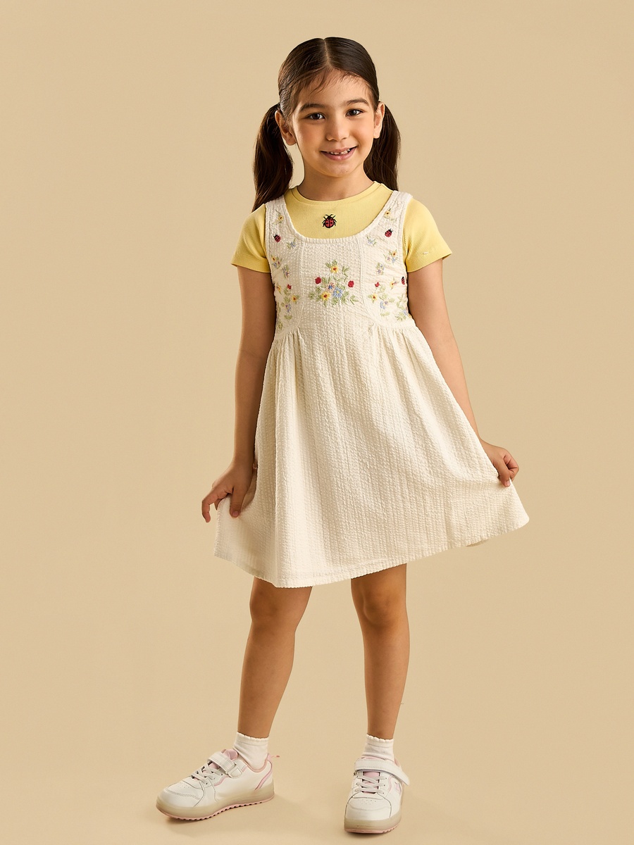Floral Embroidered Denim Pinafore with T-Shirt