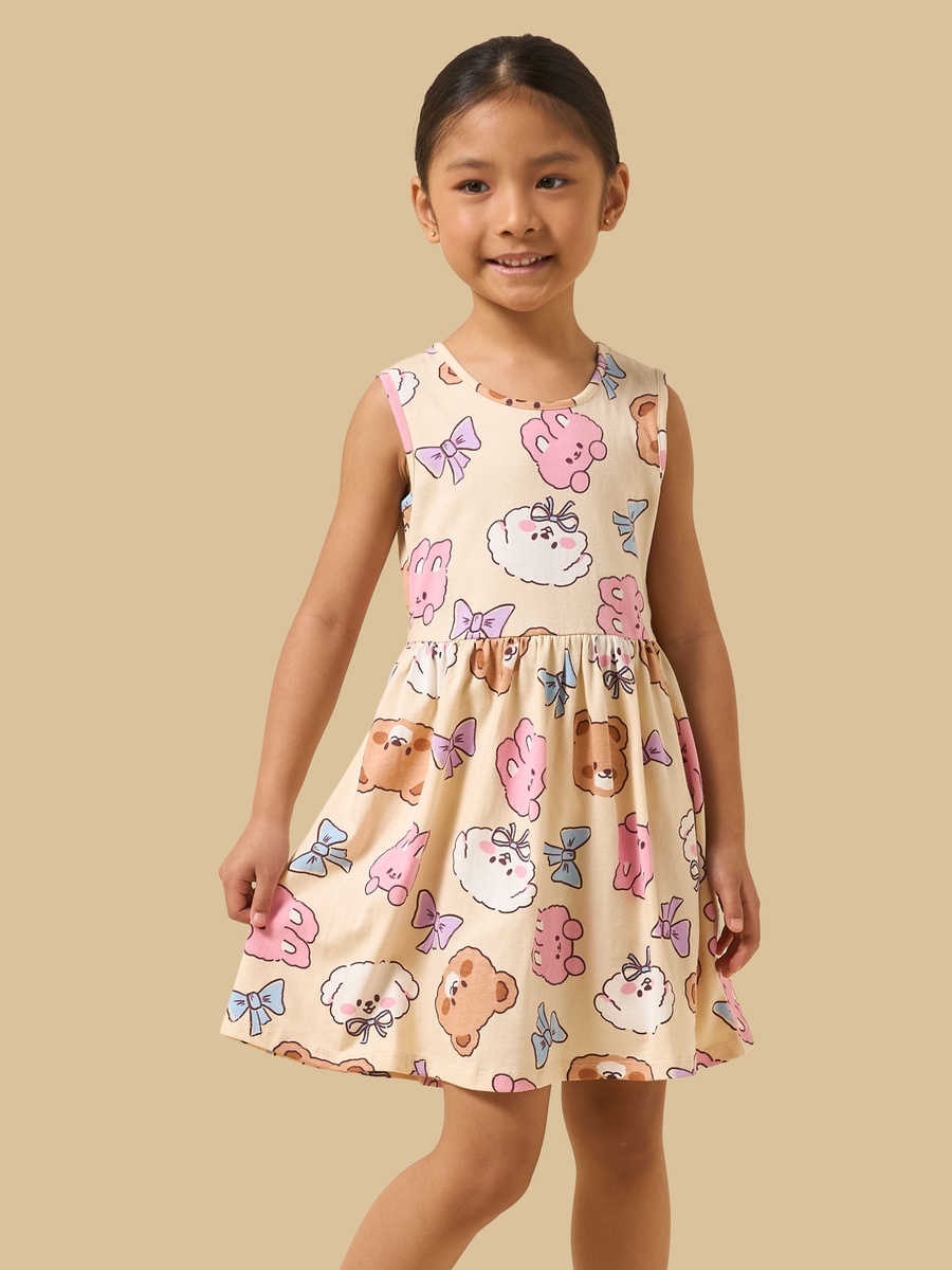 Teddy and Cat Print Sleeveless Cotton Dress