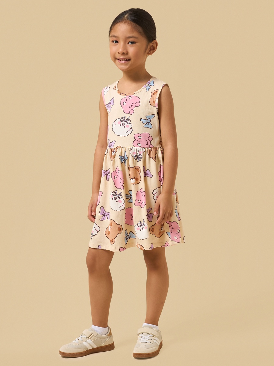 Teddy and Cat Print Sleeveless Cotton Dress