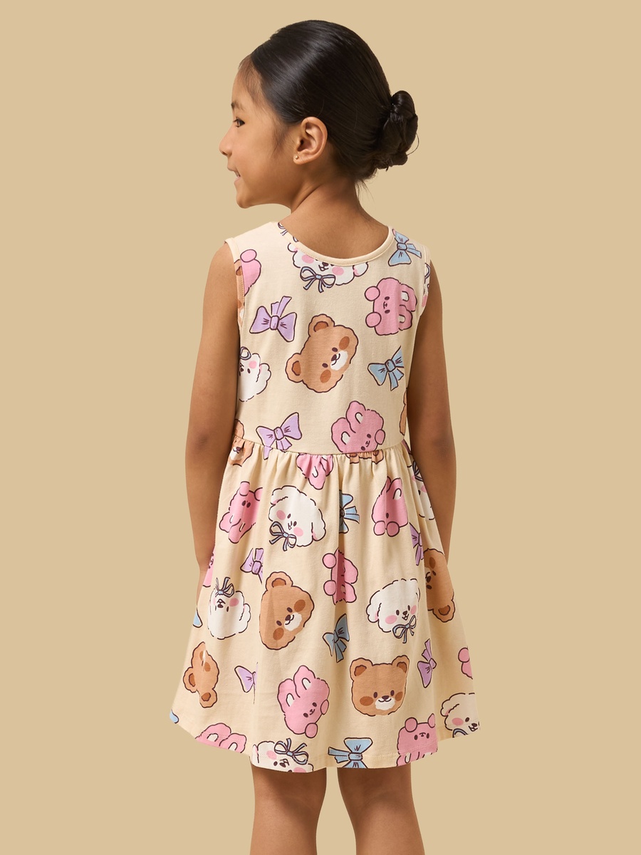 Teddy and Cat Print Sleeveless Cotton Dress