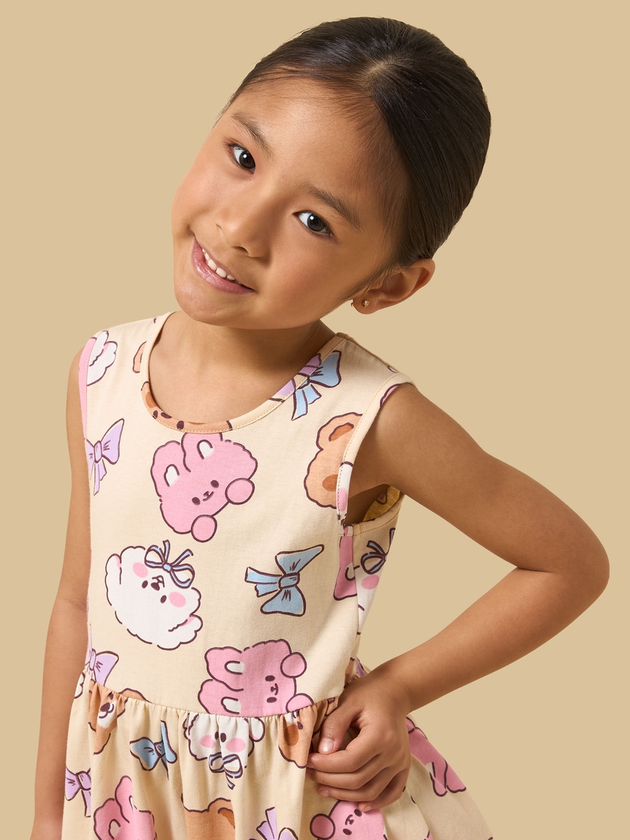 Teddy and Cat Print Sleeveless Cotton Dress