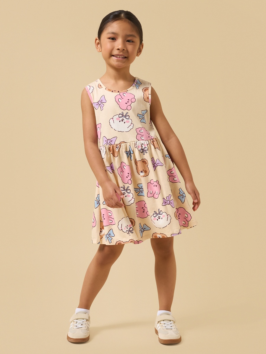 Teddy and Cat Print Sleeveless Cotton Dress