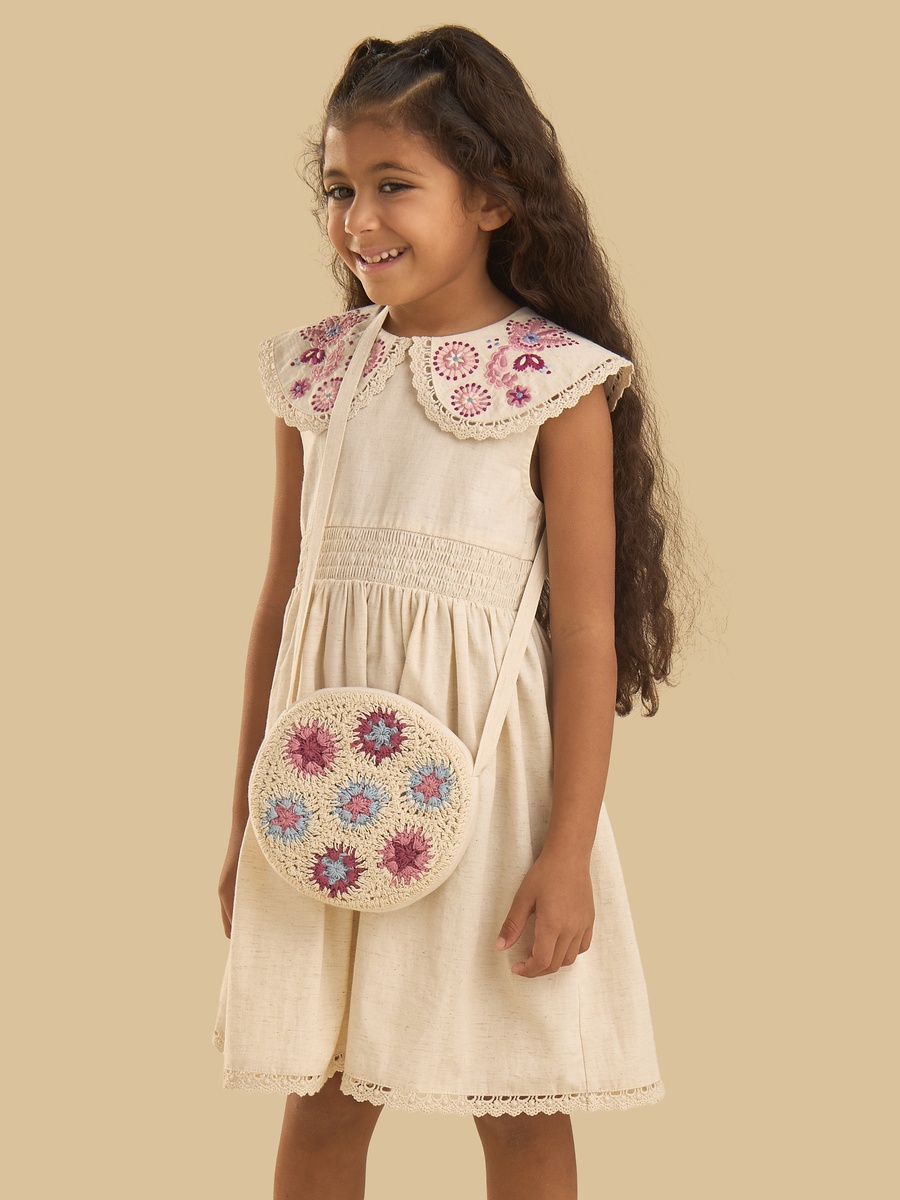 Floral Embroidered Peter Pan Collar Dress with Crossbody Bag