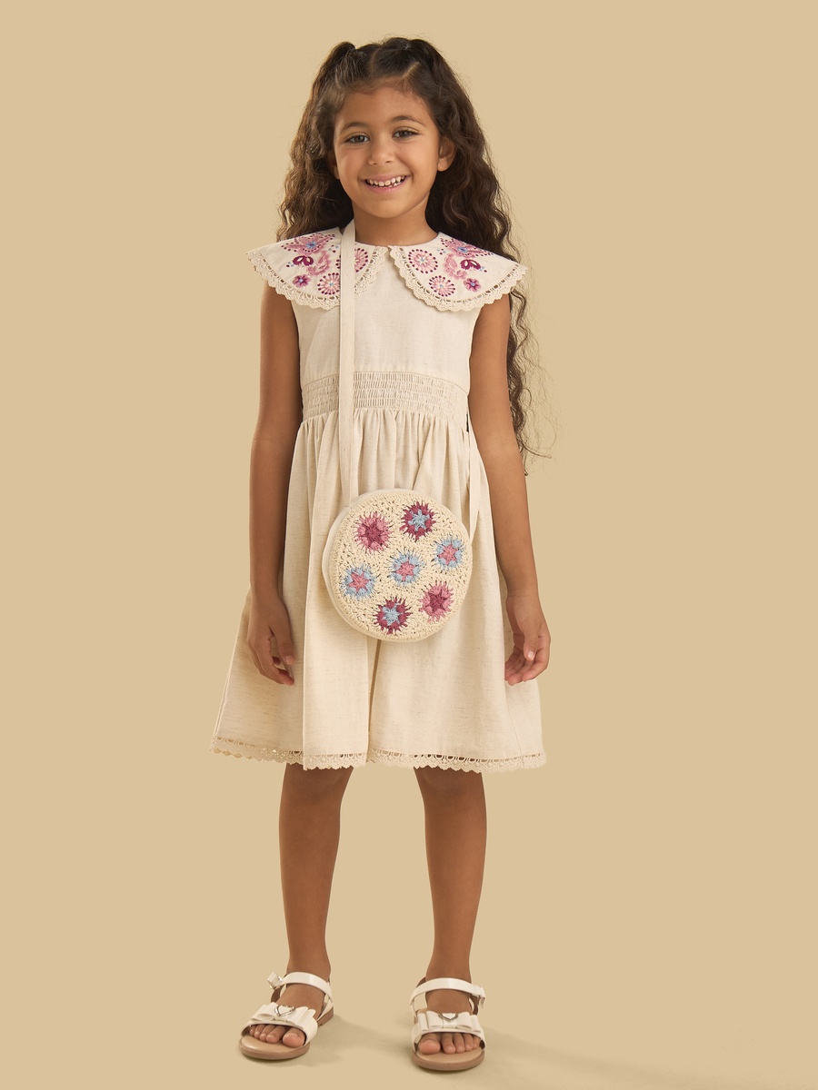 Floral Embroidered Peter Pan Collar Dress with Crossbody Bag