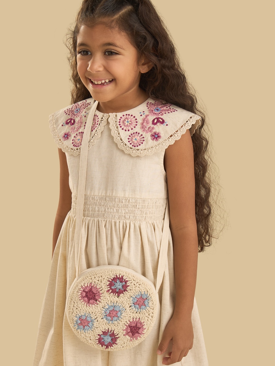 Floral Embroidered Peter Pan Collar Dress with Crossbody Bag