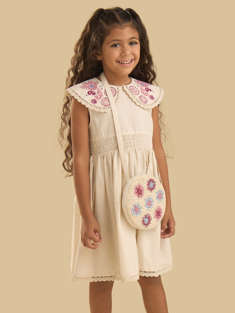 Floral Embroidered Peter Pan Collar Dress with Crossbody Bag