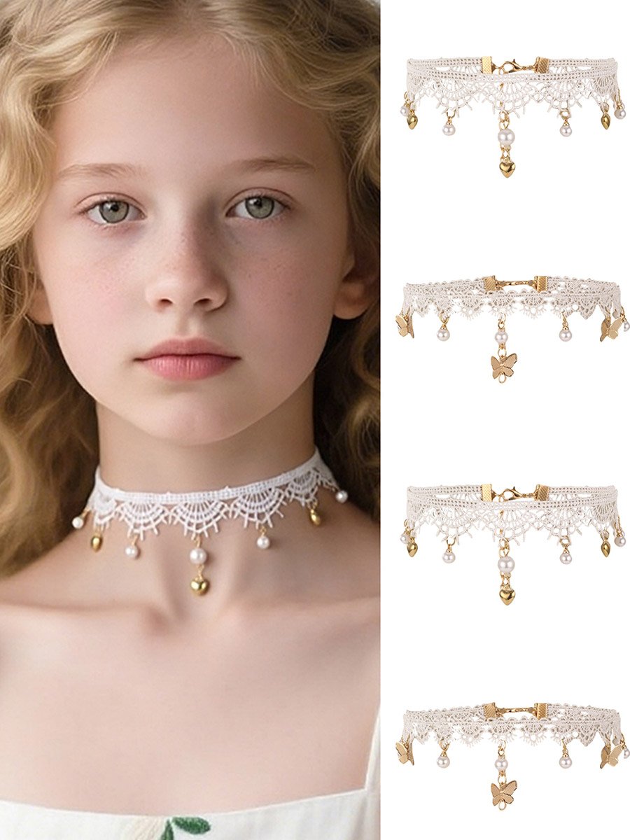 Girls White Lace Choker Necklace with Charms
