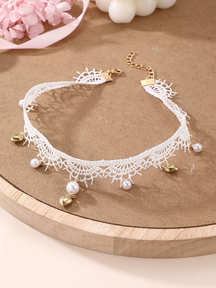 Girls White Lace Choker Necklace with Charms