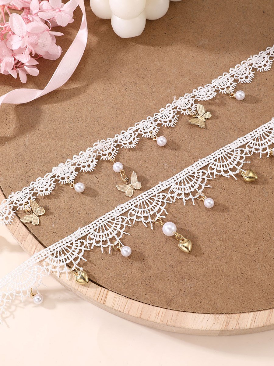 Girls White Lace Choker Necklace with Charms
