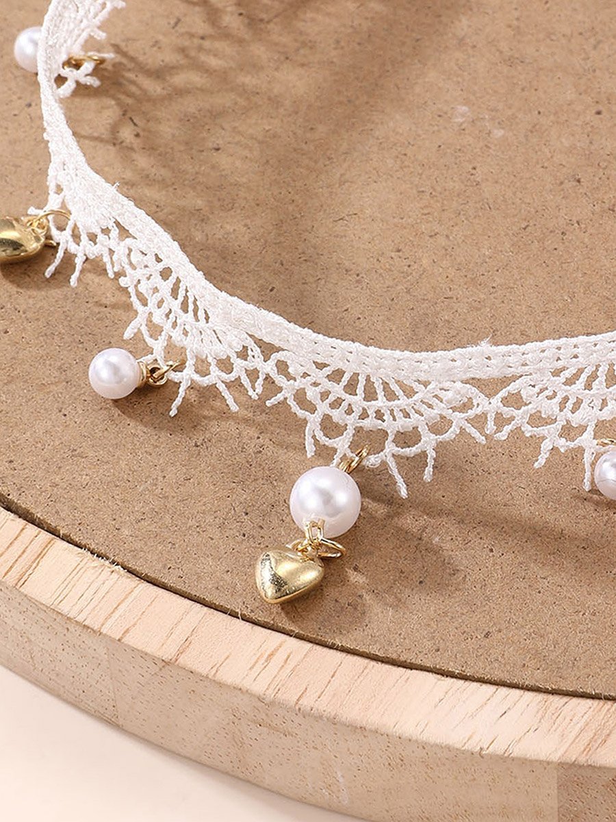 Girls White Lace Choker Necklace with Charms