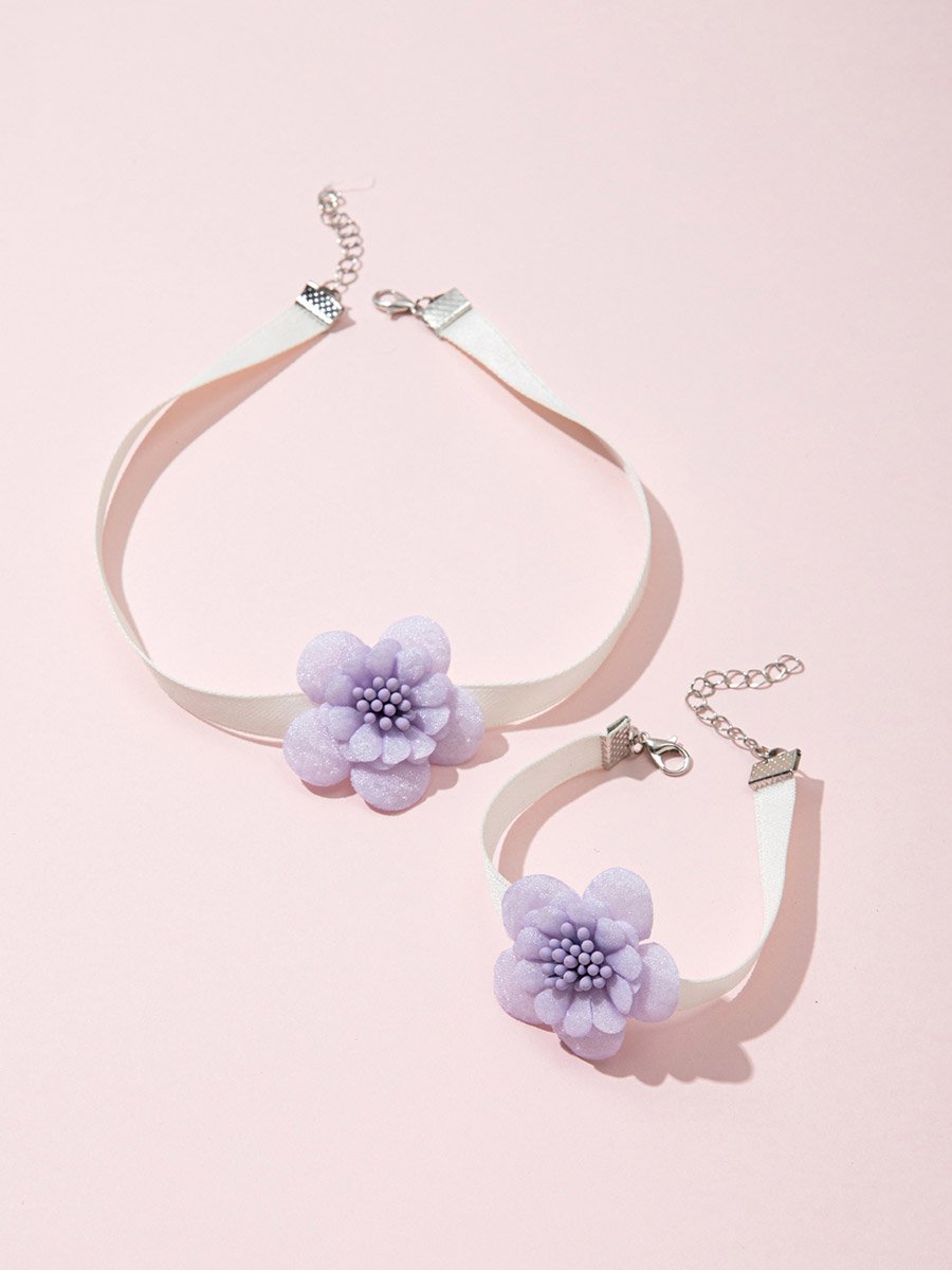 Pack of 2 - Purple Flower Choker and Bracelet 