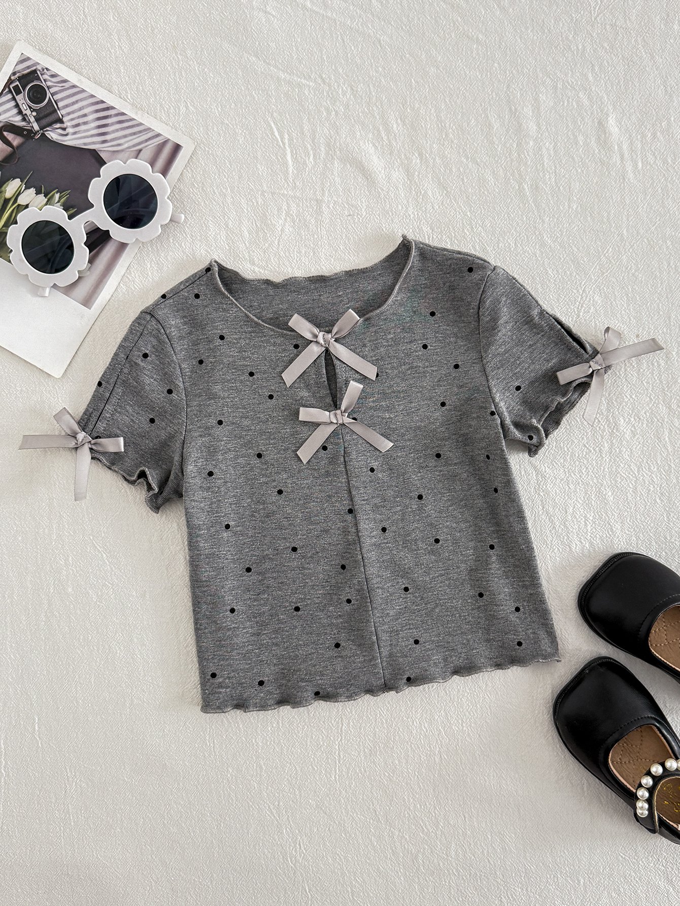 Girls Grey Polka Dot Bow T-Shirt