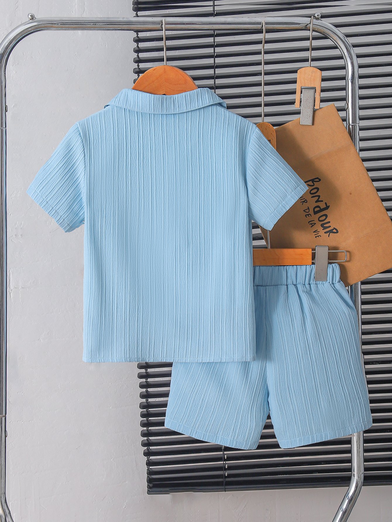 Boys Blue Textured Shirt and Shorts Set