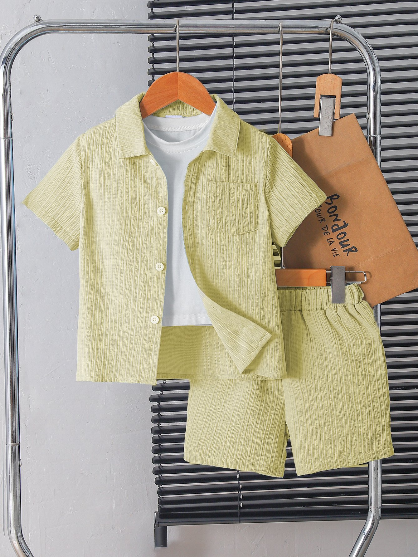 Boys Yellow Textured Shirt and Shorts Set