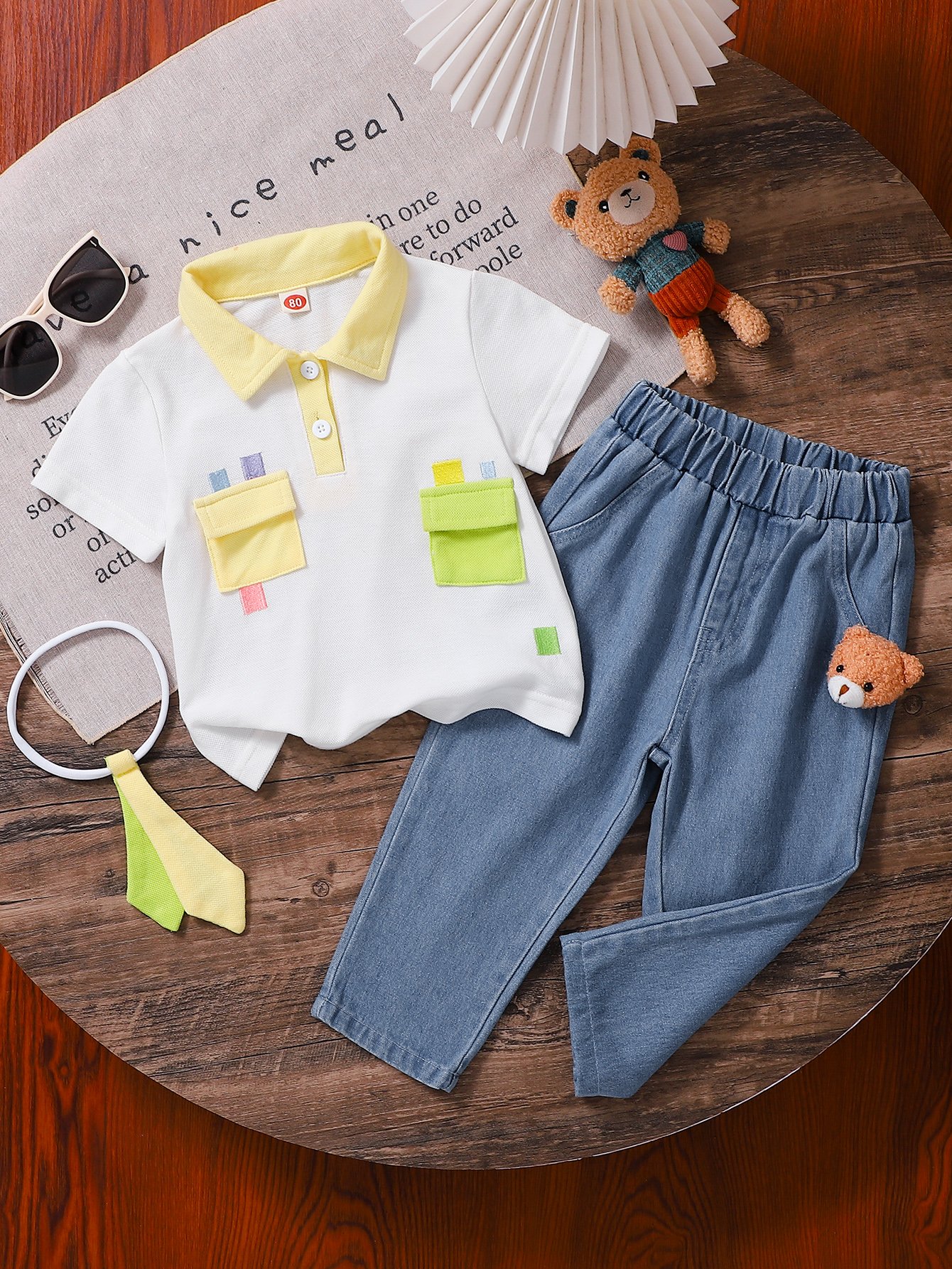 Boys Contrast Pocket Polo T-Shirt and Jeans Set