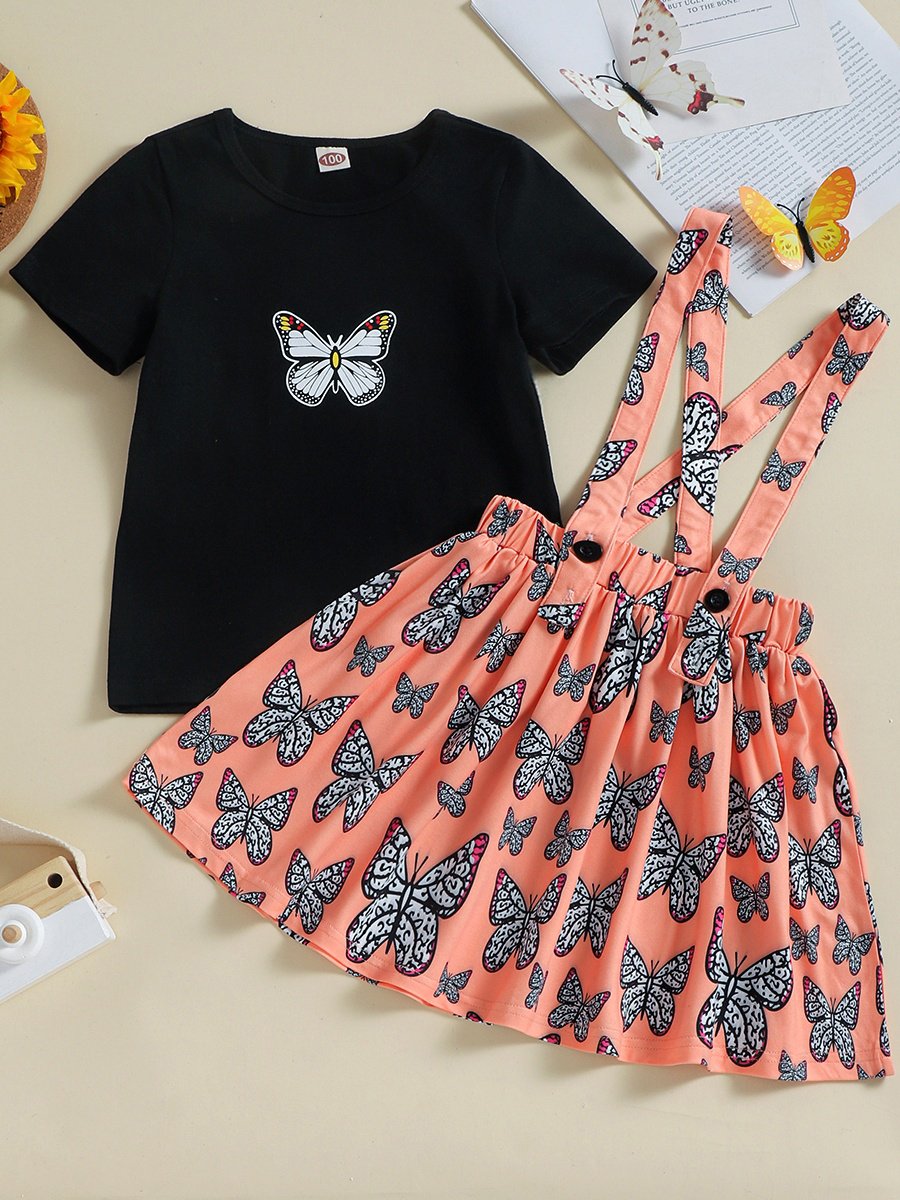 Girls Round Neck T-Shirt and Butterfly Print Jumper Set