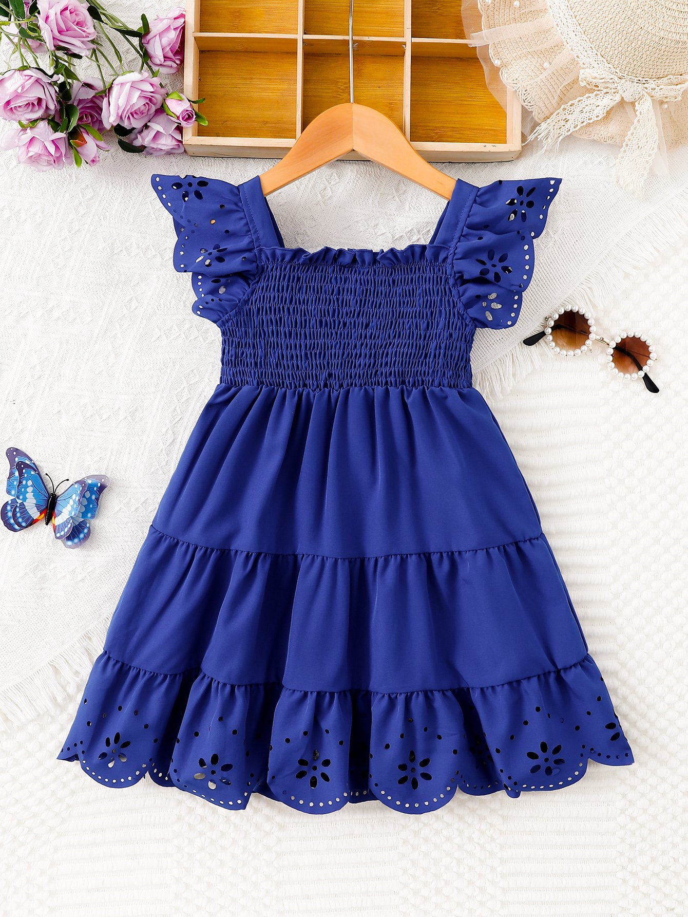 Girls Blue Tiered Dress with Smocked Detail