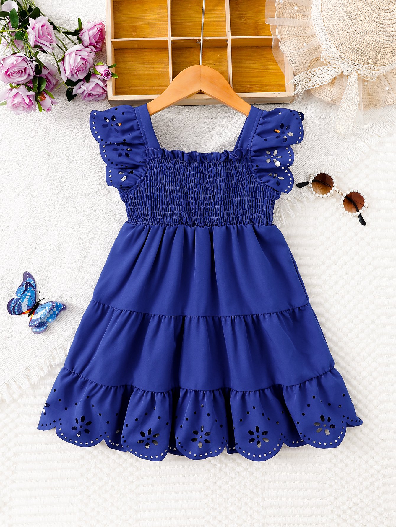 Girls Blue Tiered Dress with Smocked Detail